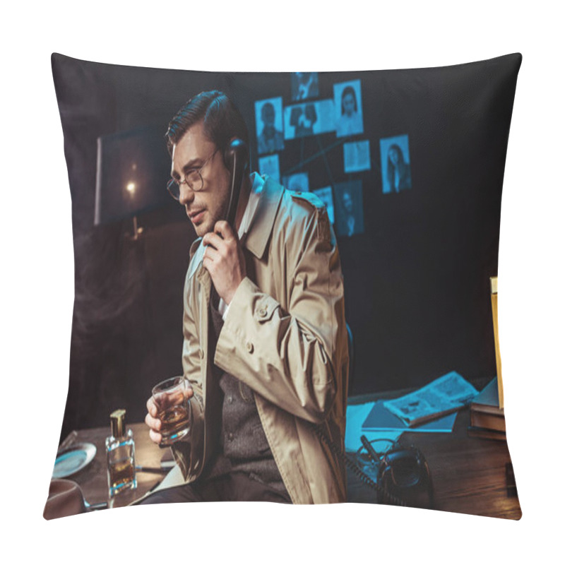 Personality  Detective In Glasses Talking On Telephone And Holding Glass Of Cognac Pillow Covers