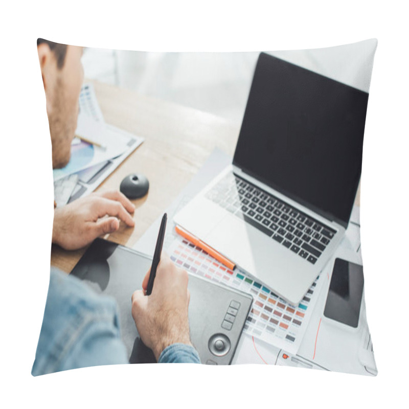 Personality  Selective Focus Of Ux Designer Using Laptop And Graphics Tablet Near Sketches And Smartphone On Table Pillow Covers