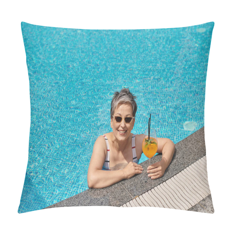 Personality  Positive Mature Woman In Sunglasses Swimming In Pool With Blue Water And Holding Cocktail, Retreat Pillow Covers