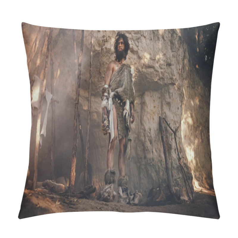 Personality  Primeval Caveman Wearing Animal Skin Holds Stone Tipped Hammer Looks Around Prehistoric Forest, Ready To Hunt Animal Prey. Neanderthal Going Hunting Into The Jungle. Pillow Covers