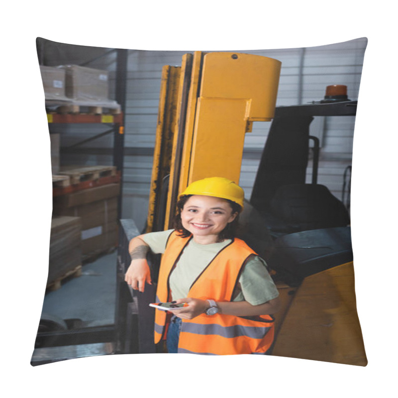 Personality  Happy Female Warehouse Worker In Hard Hat And Safety Vest Holding Smartphone Near Forklift, Cargo Pillow Covers