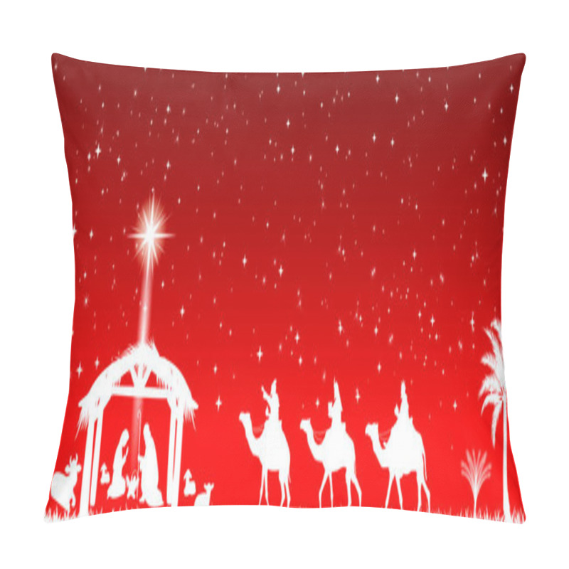 Personality  Scene Of The Nativity Of Jesus Christ On A Red Background. Baby Jesus, Mary And Joseph. Sages On Camels With Gifts For A Born Baby. A Bright Star Shines In The Sky. Christmas Night. Pillow Covers