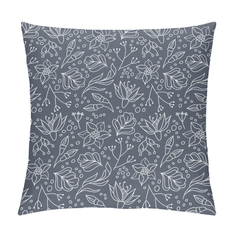 Personality  Delicate Floral Seamless Pattern With Flowers, Leaves And Herbs . White Plants In A Drawn Style On A Dark Blue Background. Simple Design For Fabric And Other Surface. Vector Illustration. Pillow Covers