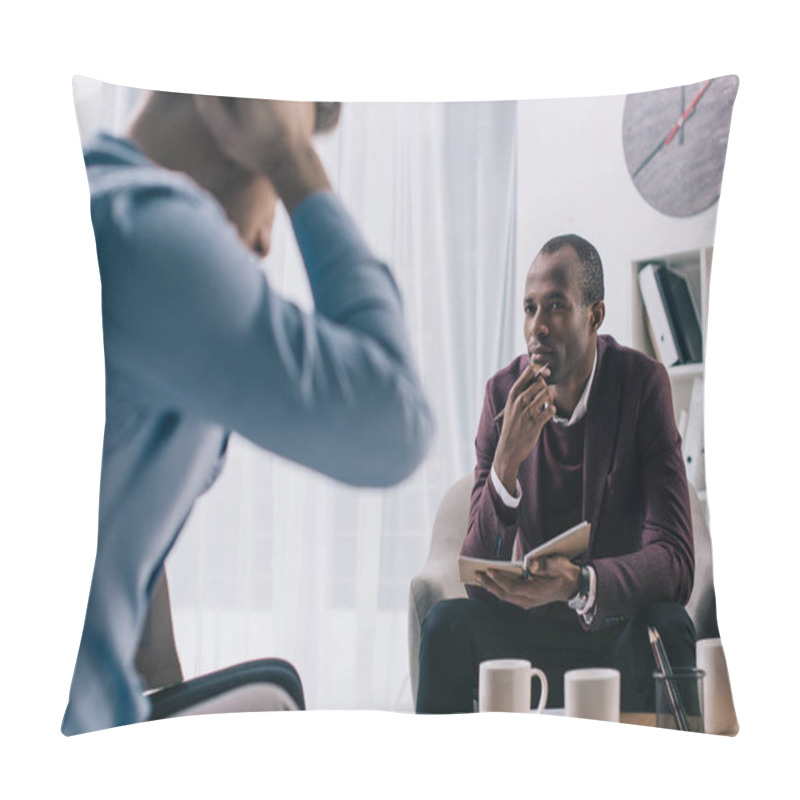 Personality  Frustrated Young Man Sititng On Sofa And African American Psychiatrist In Office Pillow Covers