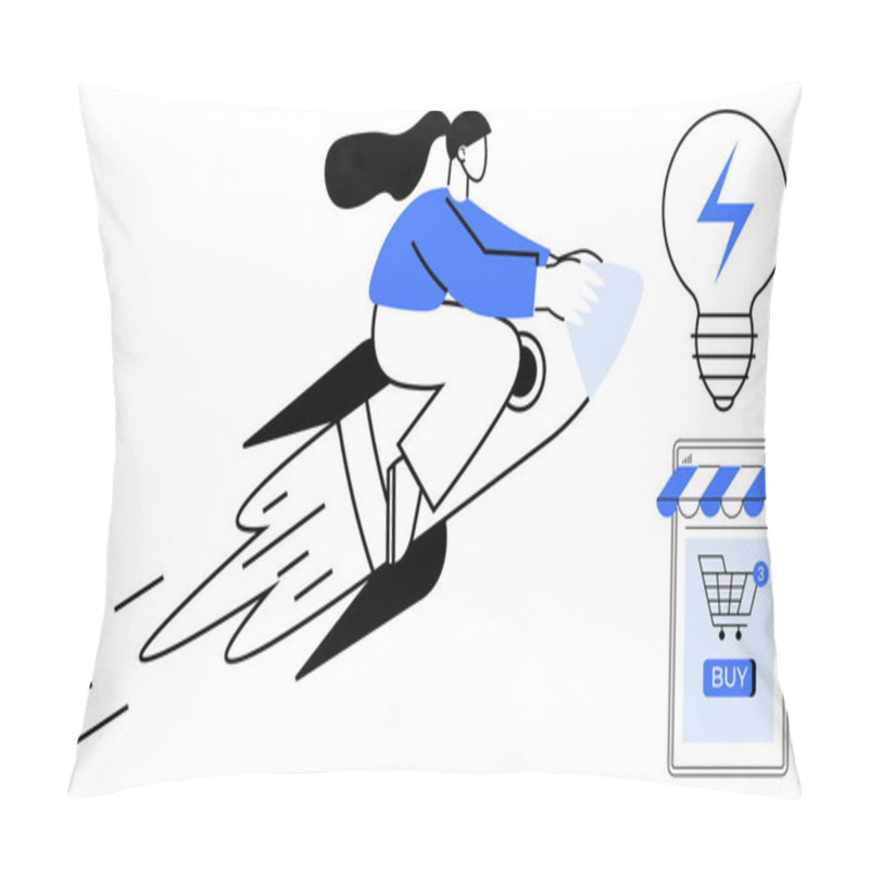 Personality  Woman Riding A Rocket Symbolizing Rapid Progress And Innovation Beside A Light Bulb And A Smartphone With A Shopping Cart. Ideal For Technology, E-commerce, Innovation, Creative Solutions, Business Pillow Covers