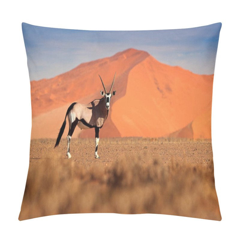 Personality  Gemsbok With Orange Sand Dune Evening Sunset. Gemsbuck, Oryx Gazella, Large Antelope In Nature Habitat, Sossusvlei, Namibia. Wild Animals In The Savannah. Animal With Big Straight Antler Horn. Pillow Covers