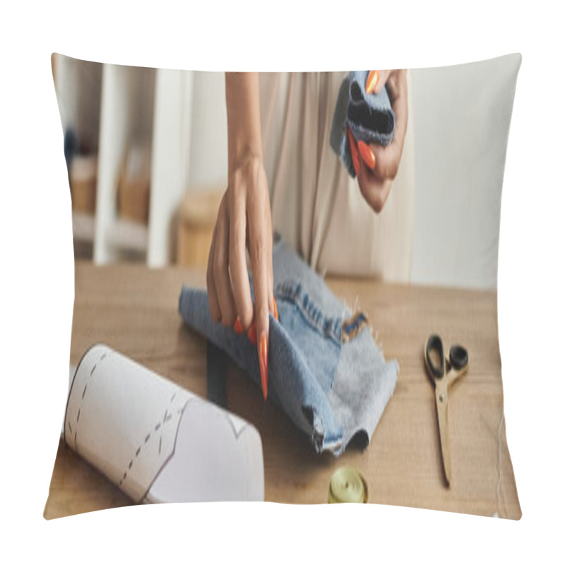 Personality  Woman Joyfully Transforms Old Garments Into Fresh Styles At Home. Pillow Covers