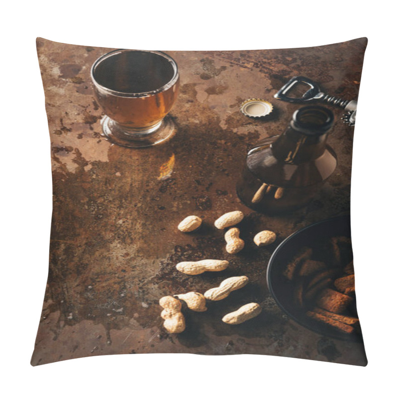 Personality  Top View Of Arranged Peanuts, Baked Breads, Bottle And Glass Of Beer On Rust Tabletop Pillow Covers