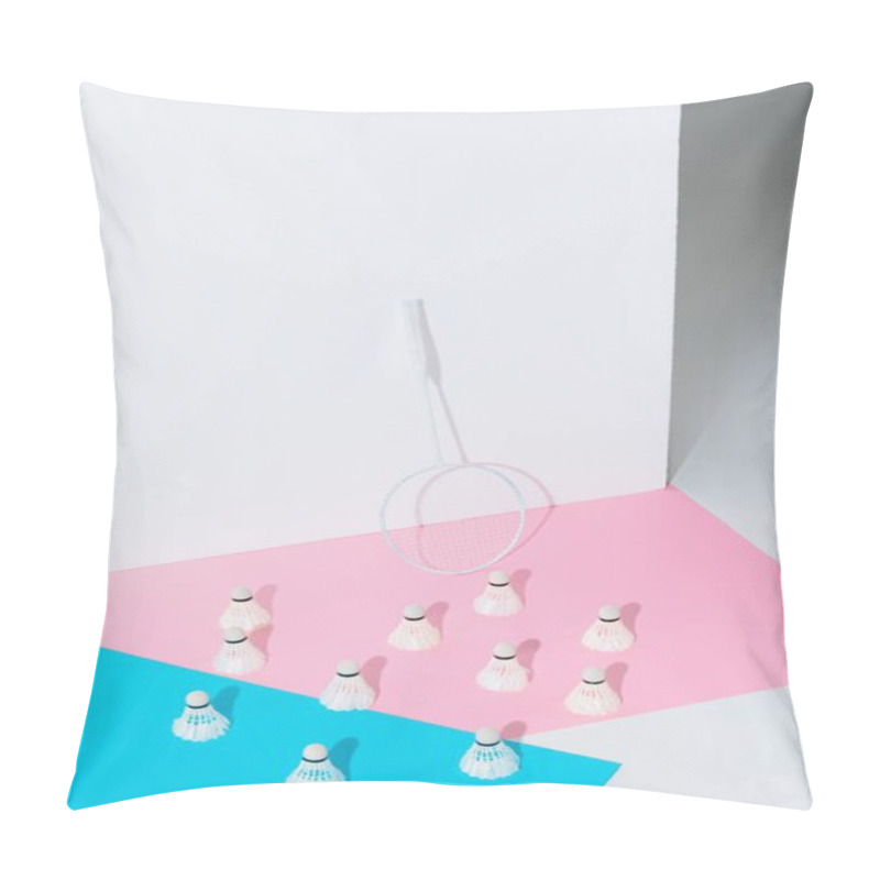 Personality  Badminton Racket And Shuttlecocks On Blue And Pink Papers At Wall Pillow Covers