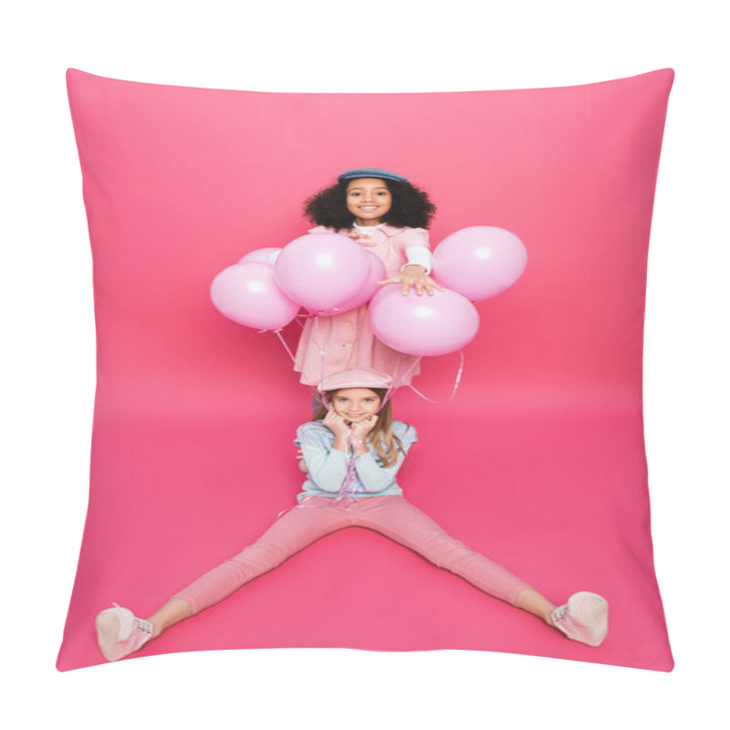 Personality  Happy African American Girl Near Trendy Friend Sitting With Festive Balloons Isolated On Pink  Pillow Covers