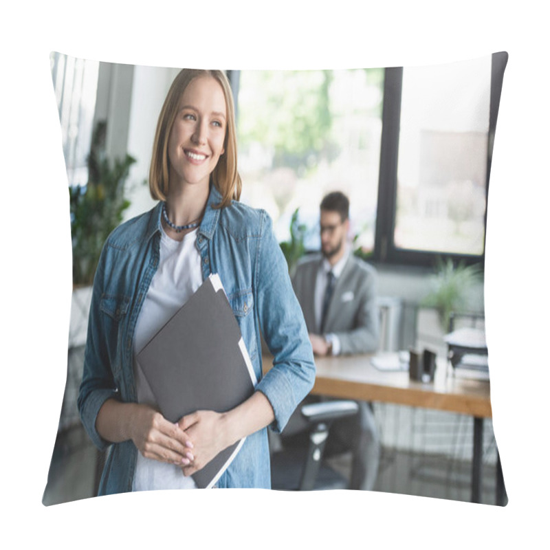 Personality  Cheerful Woman Holding Paper Folder With Resume In Office  Pillow Covers