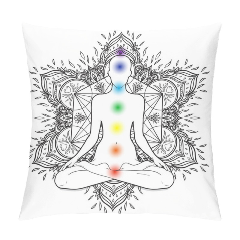 Personality  Silhouette In Lotus Position Over Decorative Mandala Round Pattern With Sacred Geometry Elements Pillow Covers