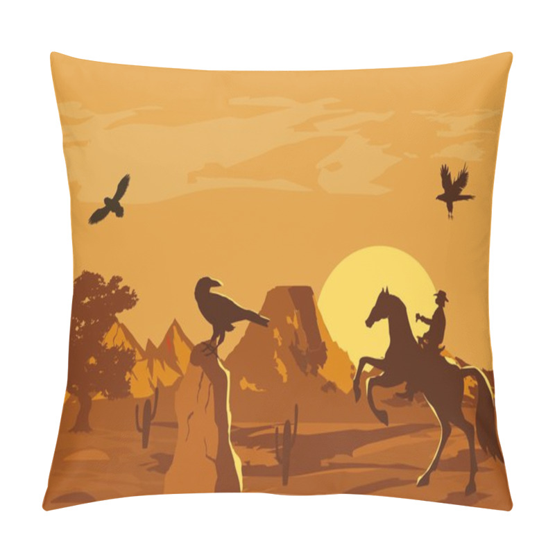 Personality  Vector Illustration Of Prairie Wild West With Cacti And Hero Of The Wild West Pillow Covers