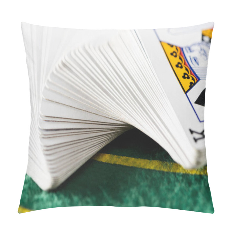 Personality  Selective Focus Of Horizontally Spread Out Playing Cards In Deck On Green Poker Table Pillow Covers