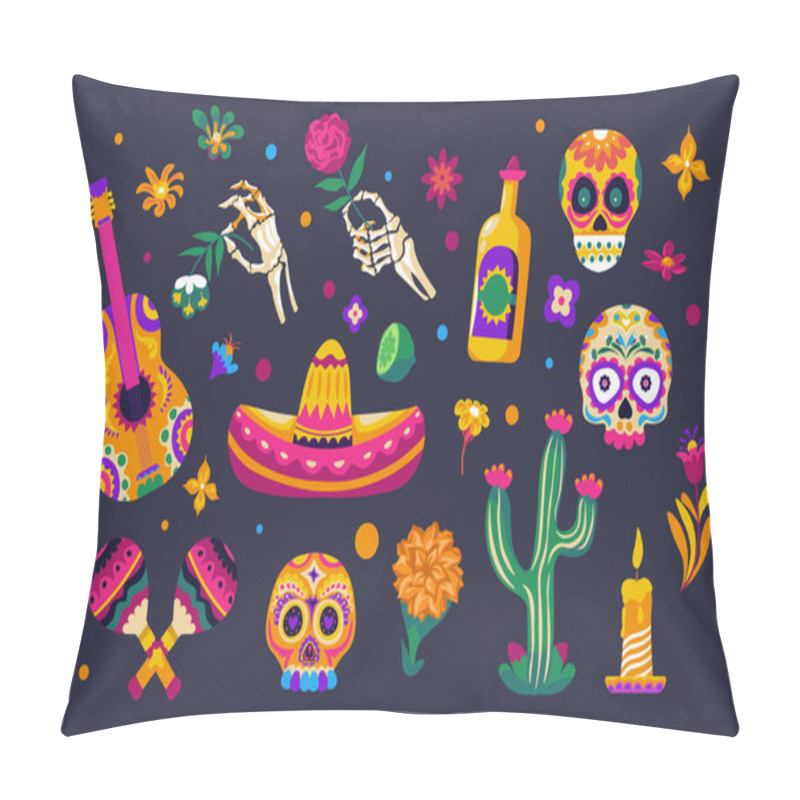 Personality  A Vector Illustration Set Featuring Various Dia De Los Muertos Elements Like Skulls, Flowers, Guitar, Sombrero, And Marigold On A Dark Background. Pillow Covers