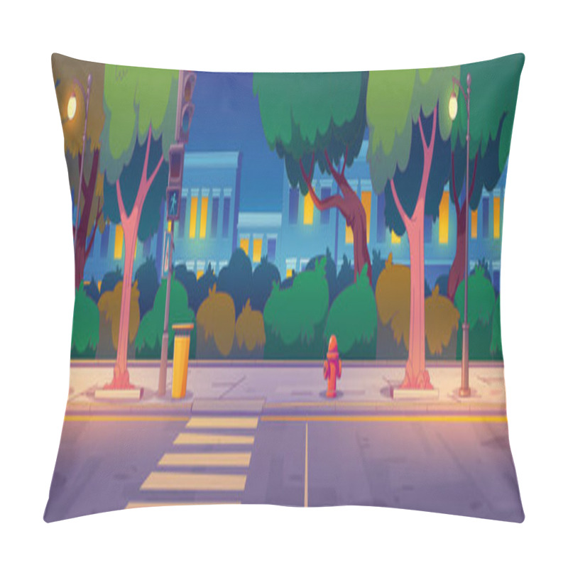 Personality  Night City Street With Buildings, Traffic Lights At Crosswalk For Pedestrian Safety. Vector Illustration Of Contemporary Cartoon Houses, Empty Road And Sidewalk, Trees And Bushes, Evening Illumination Pillow Covers