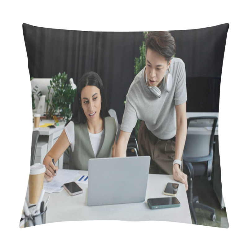 Personality  Two Colleagues Collaborate On A Laptop And Paperwork At A Desk In A Modern Office. Pillow Covers