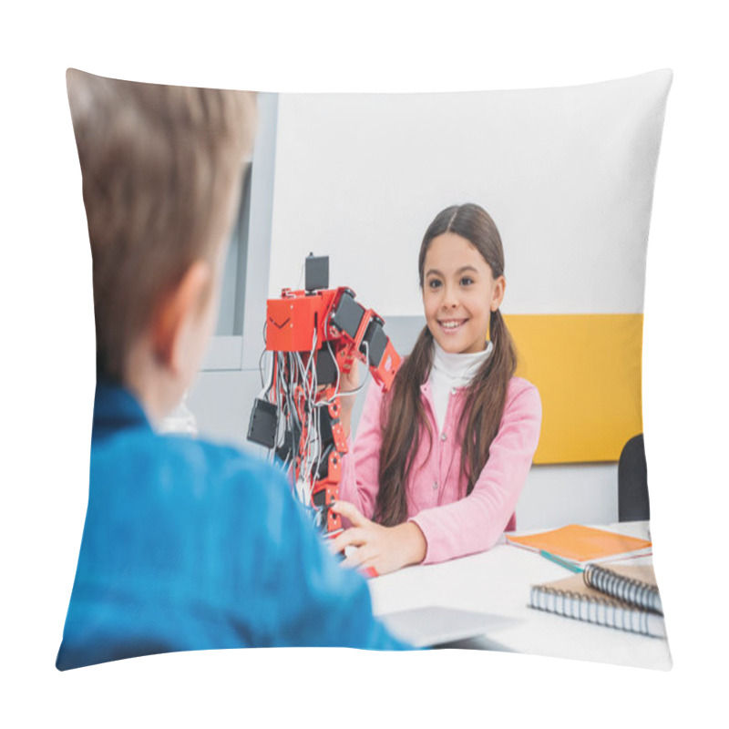 Personality  Adorable Schoolgirl And Schoolboy Sitting At Desk And Working Together On Robot Model At STEM Class Pillow Covers