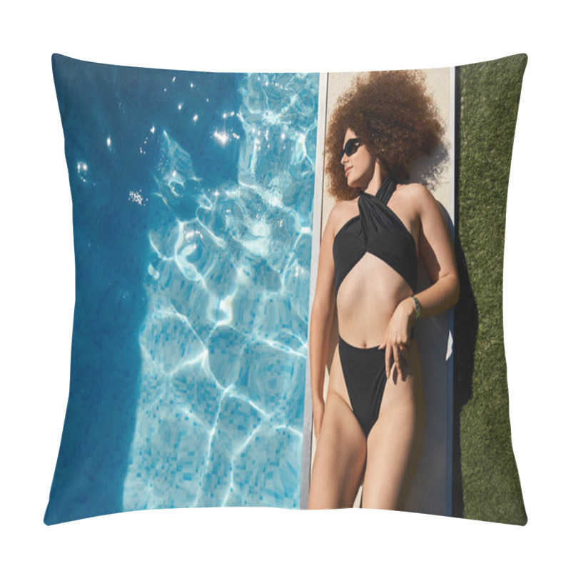 Personality  A Woman With Curly Hair Relaxes By The Pool In A Black Swimsuit, Basking In The Summer Sun. Pillow Covers