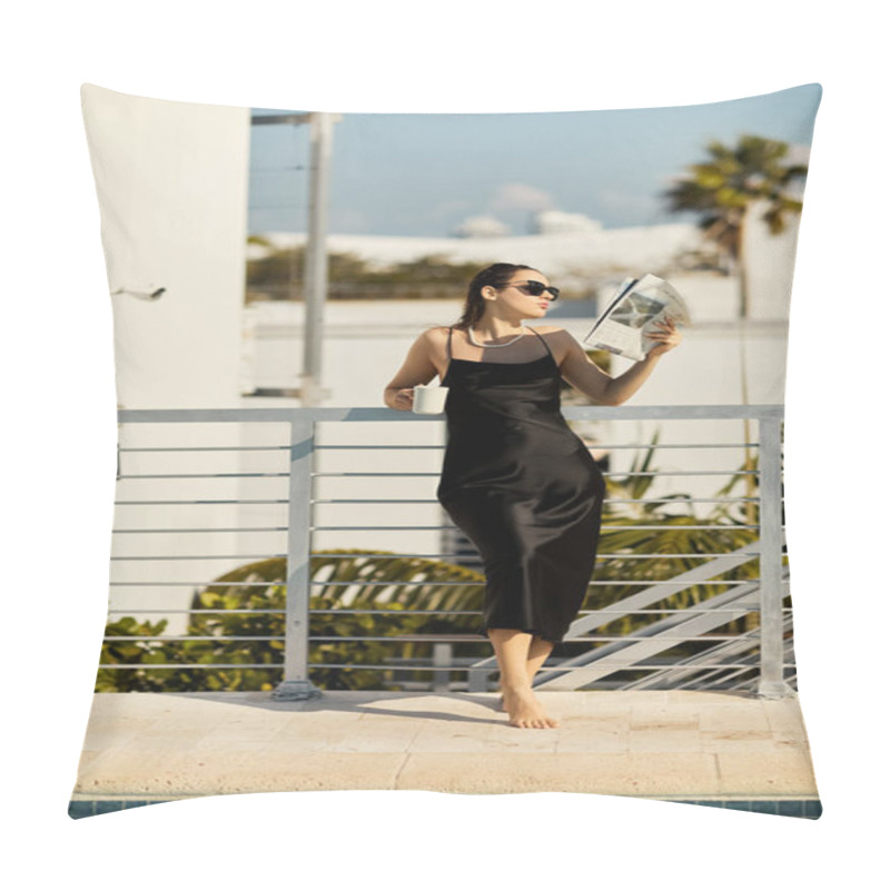 Personality  A Stylish Young Woman In A Black Slip Dress Enjoys A Sunny Day By The Pool In Miami, Reading And Taking In The Sights. Pillow Covers