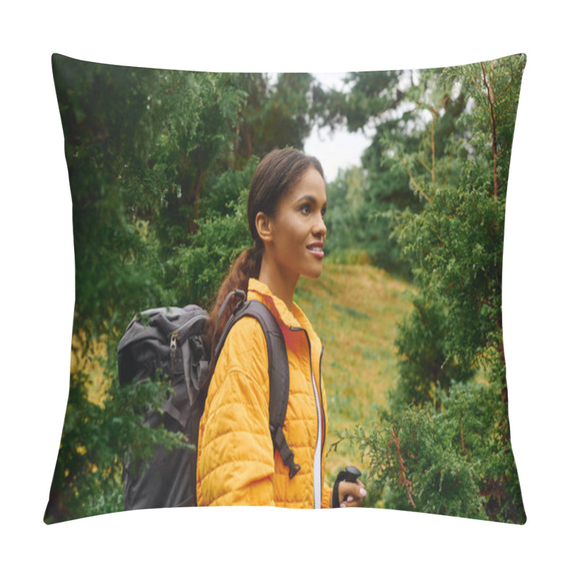 Personality  Exploring A Forest During Autumn, A Young Woman Enjoys The Rich Colors And Tranquility Of Nature. Pillow Covers