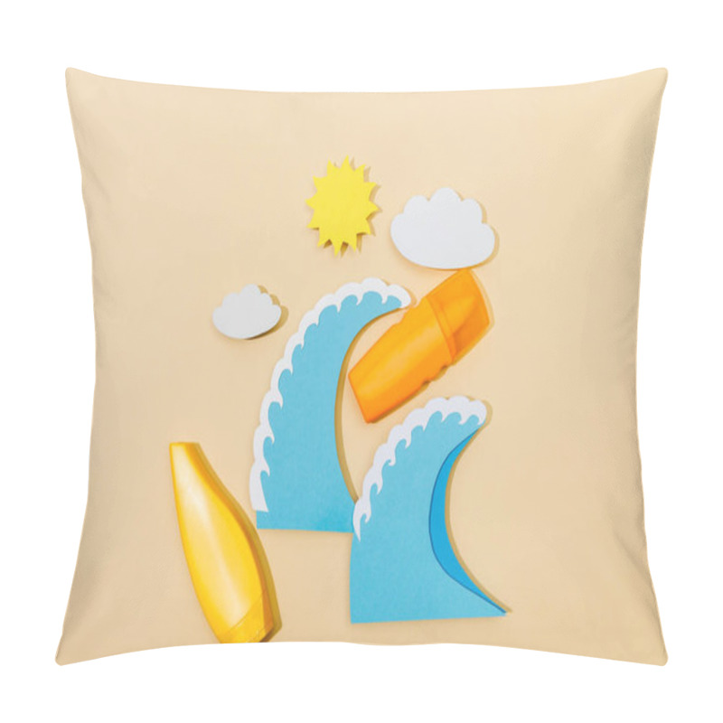 Personality  Top View Of Paper Cut Sun, Clouds, Sea Waves With Tube And Bottle Of Sunscreen On Beige  Pillow Covers