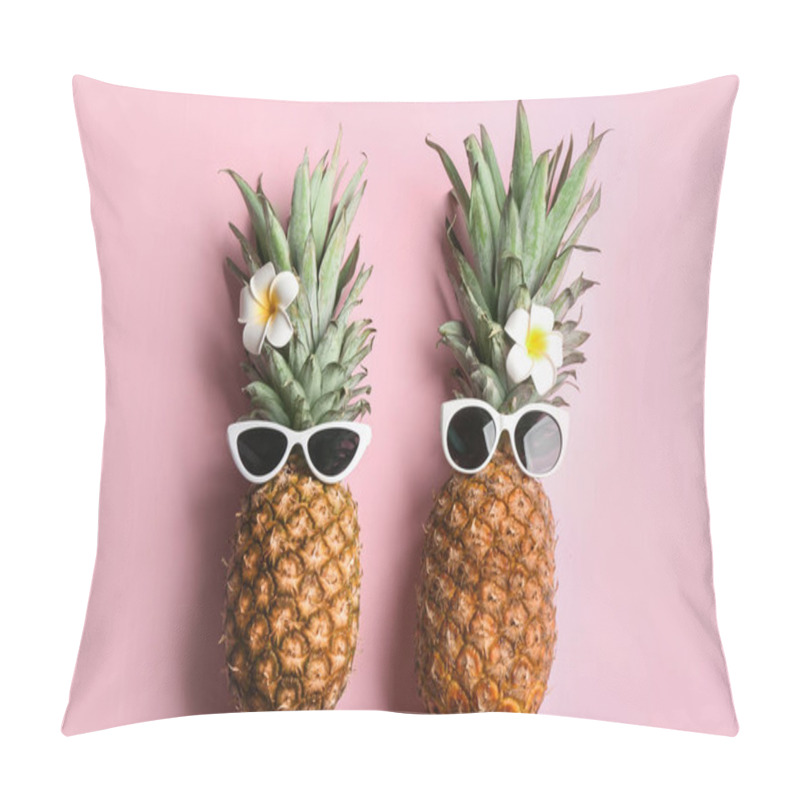 Personality  Funny Pineapples With Sunglasses And Plumeria Flowers On Pink Background, Flat Lay. Creative Concept Pillow Covers