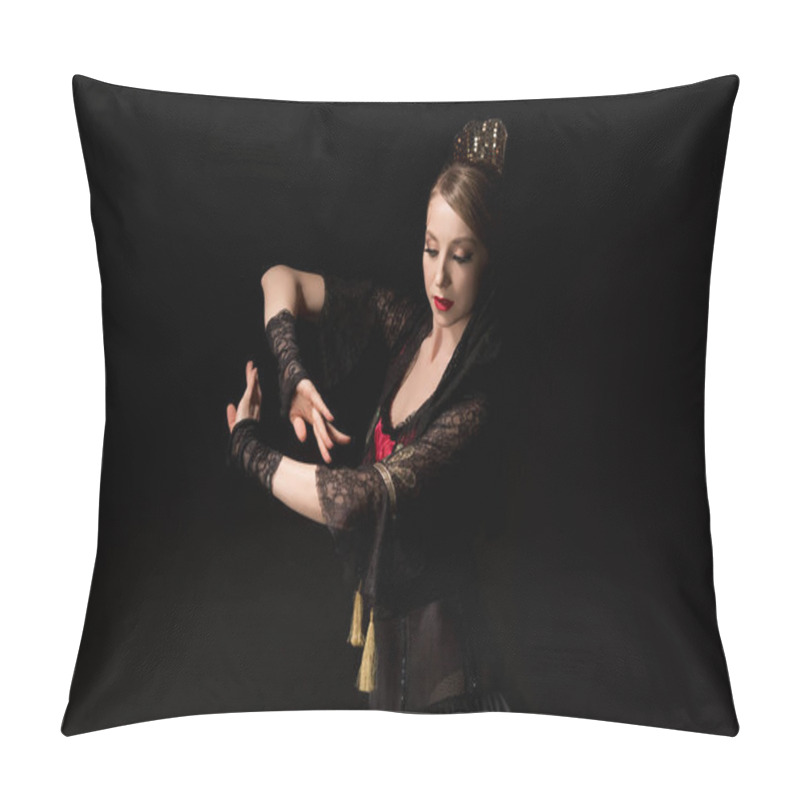 Personality  Attractive Dancer In Dress Gesturing While Dancing Flamenco Isolated On Black  Pillow Covers