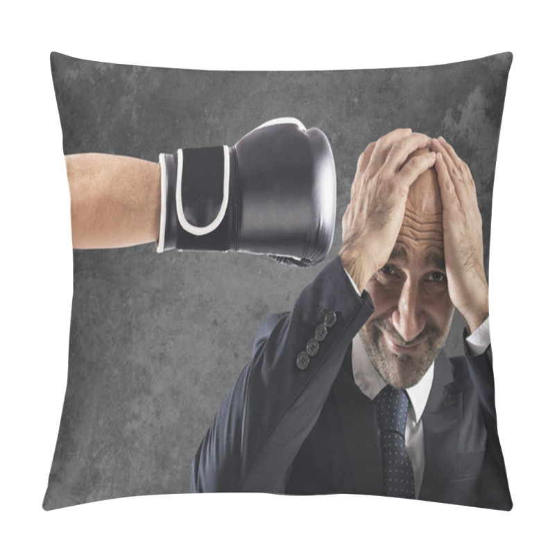 Personality  Businessman Receives Fists From Competitors. Concept Of Difficult Career Pillow Covers