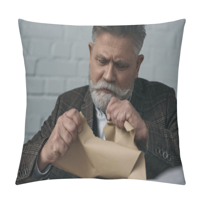 Personality  Close-up Portrait Of Disappointed Senior Writer Tearing His Manuscript Pillow Covers