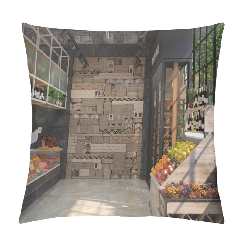 Personality  Interior Design Of A Delicatessen Grocery Store. Loft Style. The Trading Equipment With Cheese, Wine, Fruit. 3D Visualization. Pillow Covers