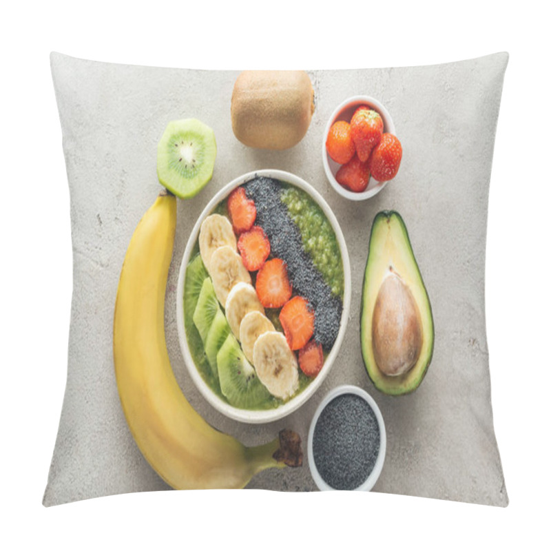 Personality  top view of delicious smoothie bowl with fresh fruits on grey background pillow covers