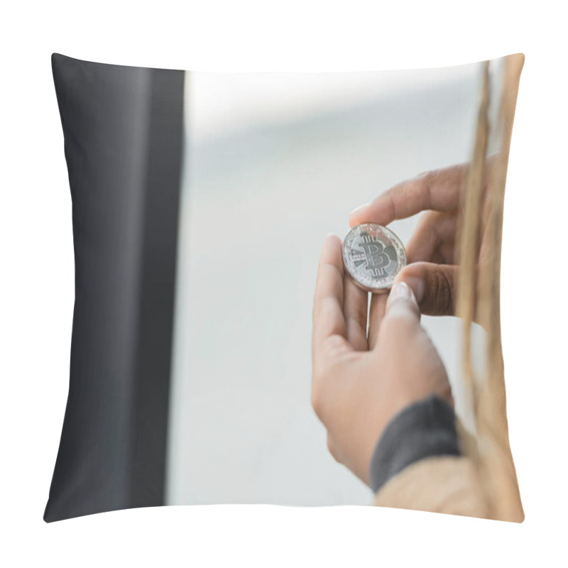 Personality  Cropped View Of African American Businesswoman Holding Silver Bitcoin In Office  Pillow Covers