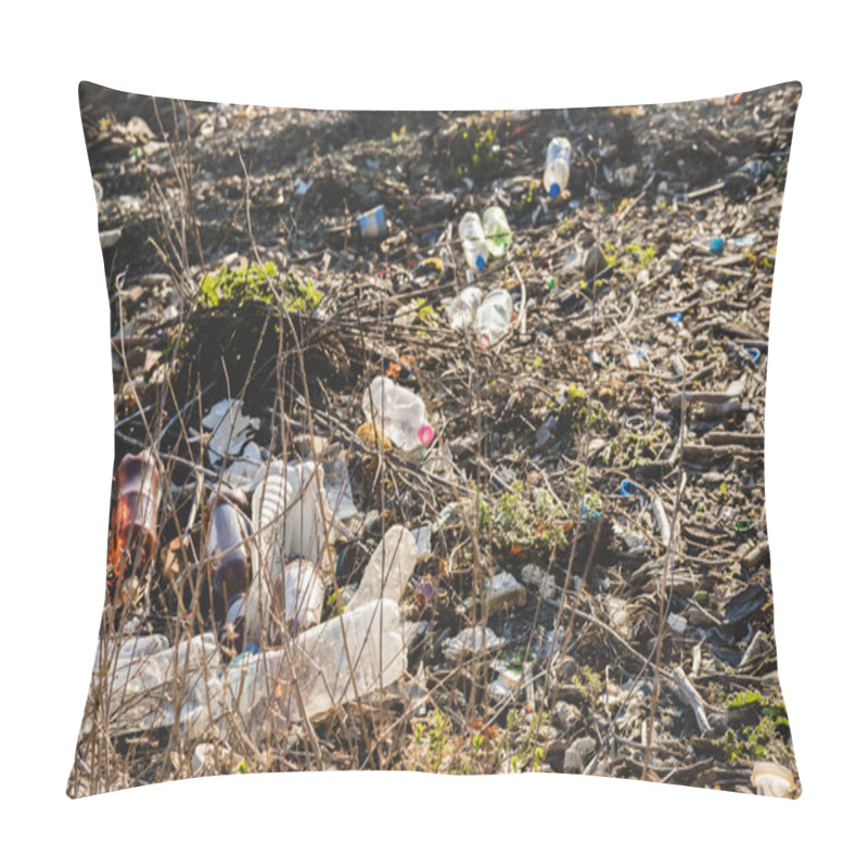 Personality  Ecological Concept. Ecology Problems Of The Planet Earth. Rubbish In Places Of Rest By The Sea. Plastic Bottles Among Green Grass And Flowers. Pillow Covers