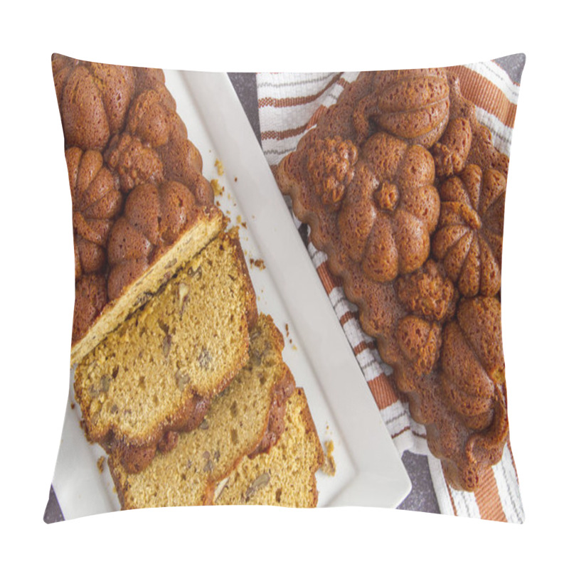 Personality  Close Up Of Pumpkin Bread On White Plate Shot From Above With Uncut Loaf On Side Sitting On Orange Striped Towel Pillow Covers