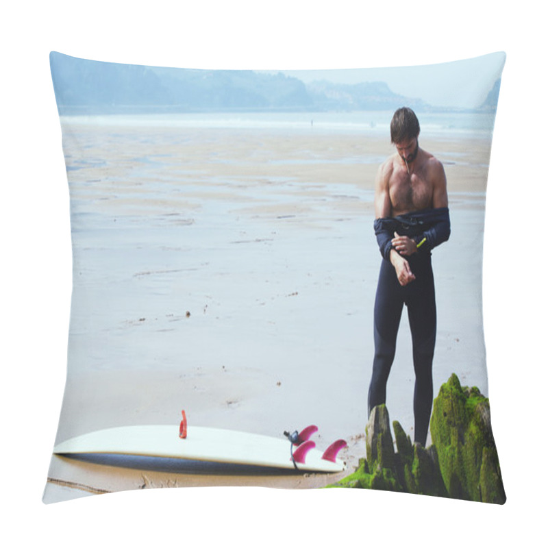 Personality  Sexy Surfer Removes His Wetsuit Standing On The Beach Pillow Covers