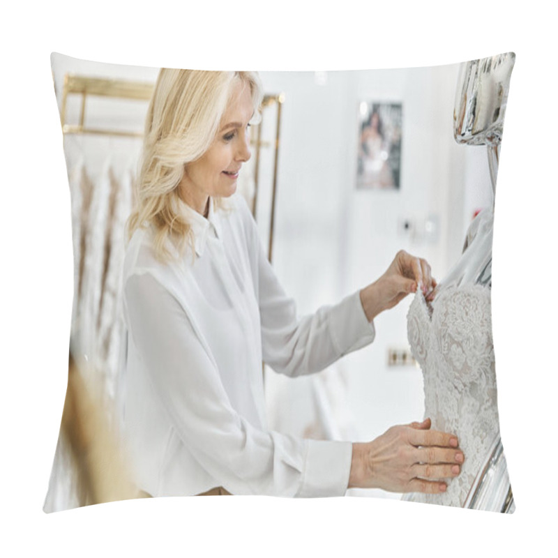 Personality  Middle-aged Beauty Shop Assistant Admires Wedding Dress On Hanger In Bridal Boutique. Pillow Covers