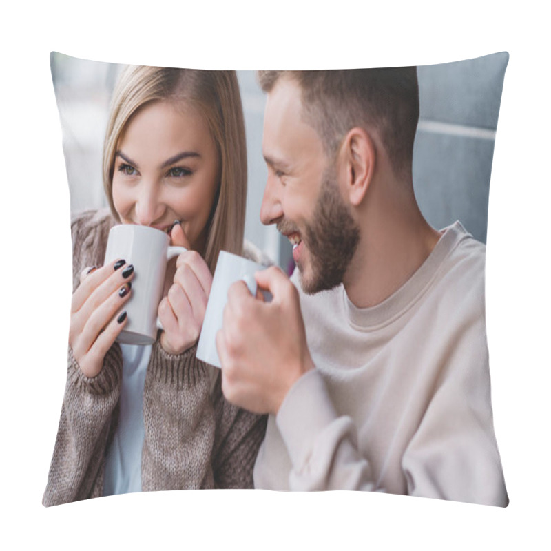 Personality  Cheerful Couple Smiling And Holding Cups With Drinks  Pillow Covers