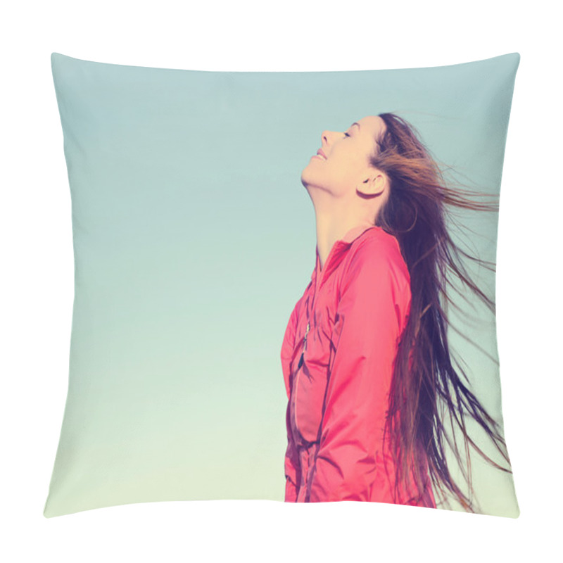 Personality  Woman Smiling Looking Up To Blue Sky Taking Deep Breath Celebrating Freedom. Pillow Covers