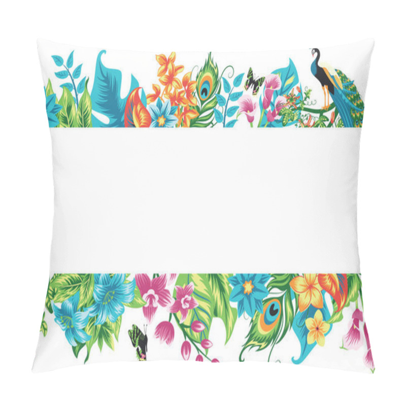 Personality  Banner With Tropical Leaves, Flowers And A Bird. Pillow Covers