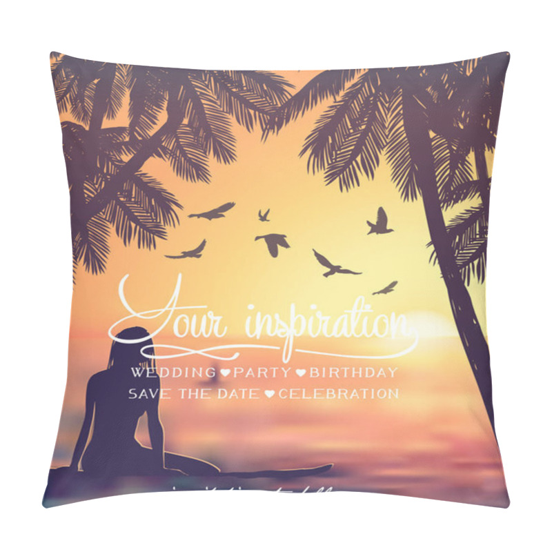 Personality  Young Girl Sitting On Surfboard At The Sunset Beach Background. Inspiration Card Pillow Covers