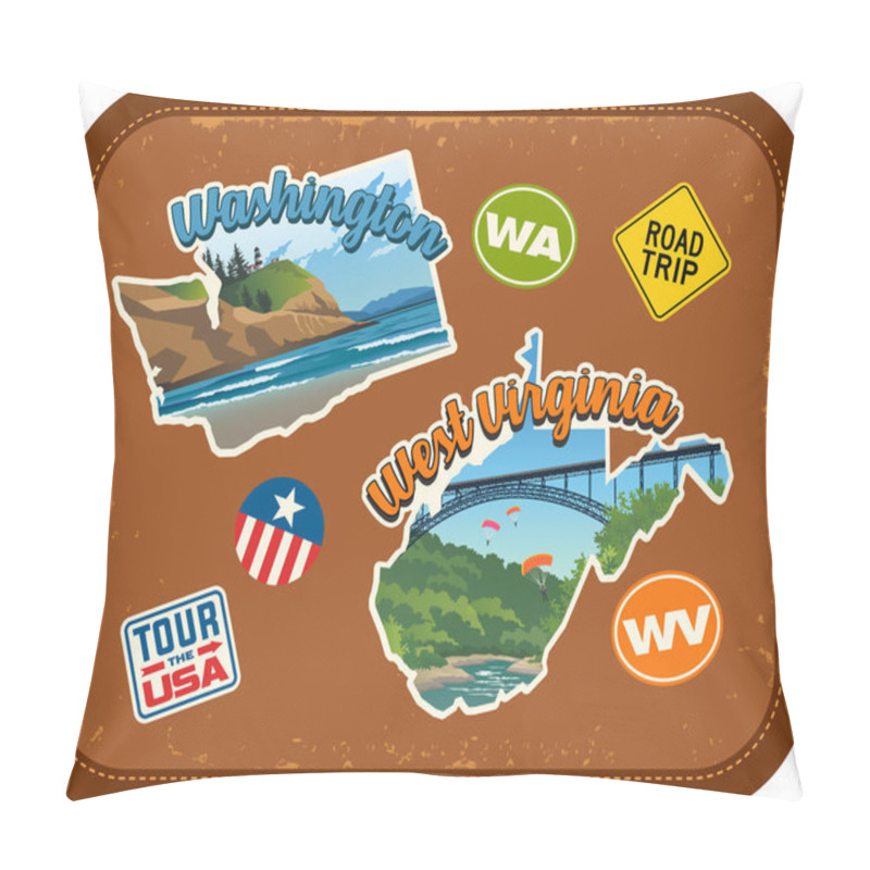 Personality  Washington, West Virginia Travel Stickers With Scenic Attractions And Retro Text On Vintage Suitcase Background Pillow Covers