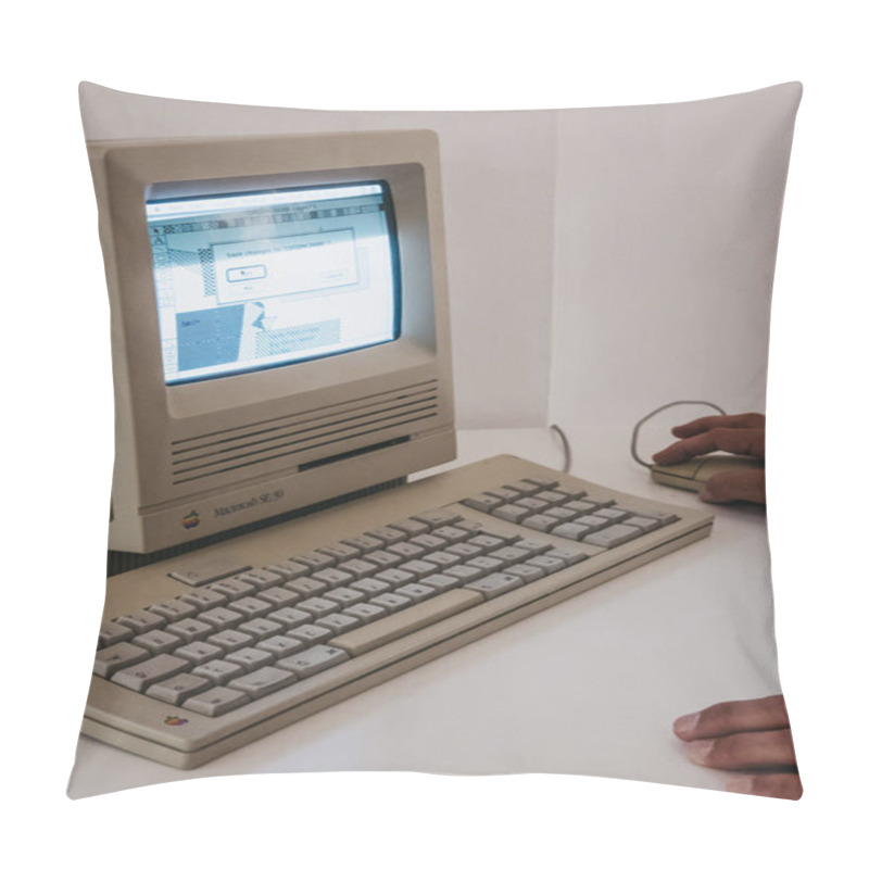 Personality  Prague, Czech Republic - August 28, 2018: Macintosh SE30 Computer On Display Inside Apple Museum In Prague, The Largest Private Collection Of Apple Products Around The World. Pillow Covers