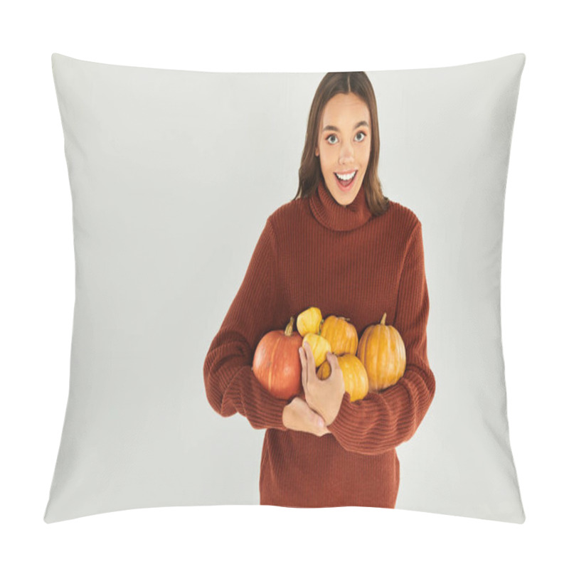 Personality  A Young Woman In A Comfy Sweater Joyfully Holds Pumpkins, Embracing Halloween Vibes. Pillow Covers