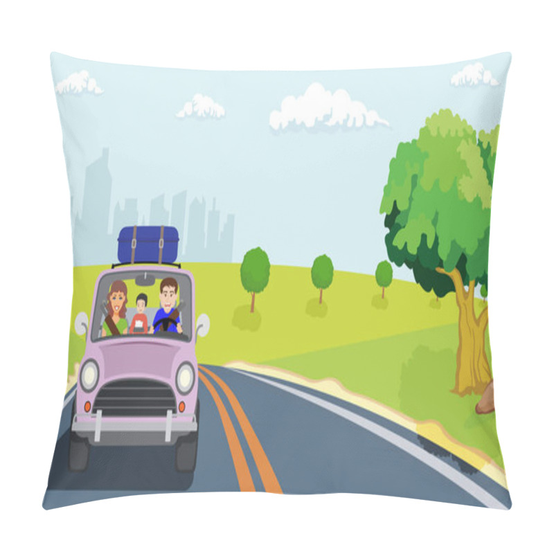 Personality  Families Wear Seat Belts In The Use Of Private Cars To Travel.  Drive Out Of The Tourist City For A Holiday. The Atmosphere Outside Of The City Is Natural, With Trees, Fields And Rocks On The Side Of The Road. Pillow Covers