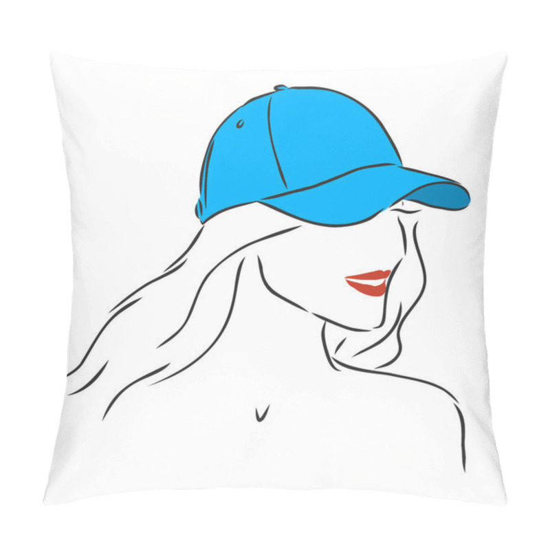 Personality  Isolated Vector Illustration. Pretty Girl In A Cap. Closeup Female Portrait. Hand Drawn Linear Doodle Sketch. Black Silhouette On White Background. Pillow Covers