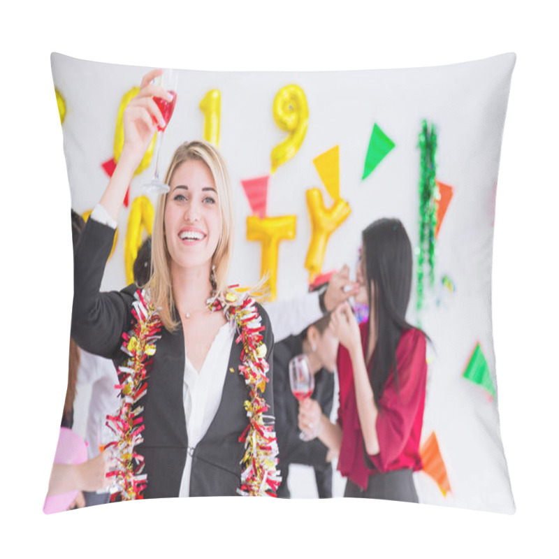 Personality  Executive Businesswoman Congratulate Happy Smile Funny With Drink In Office New Year Greeting Party. Pillow Covers