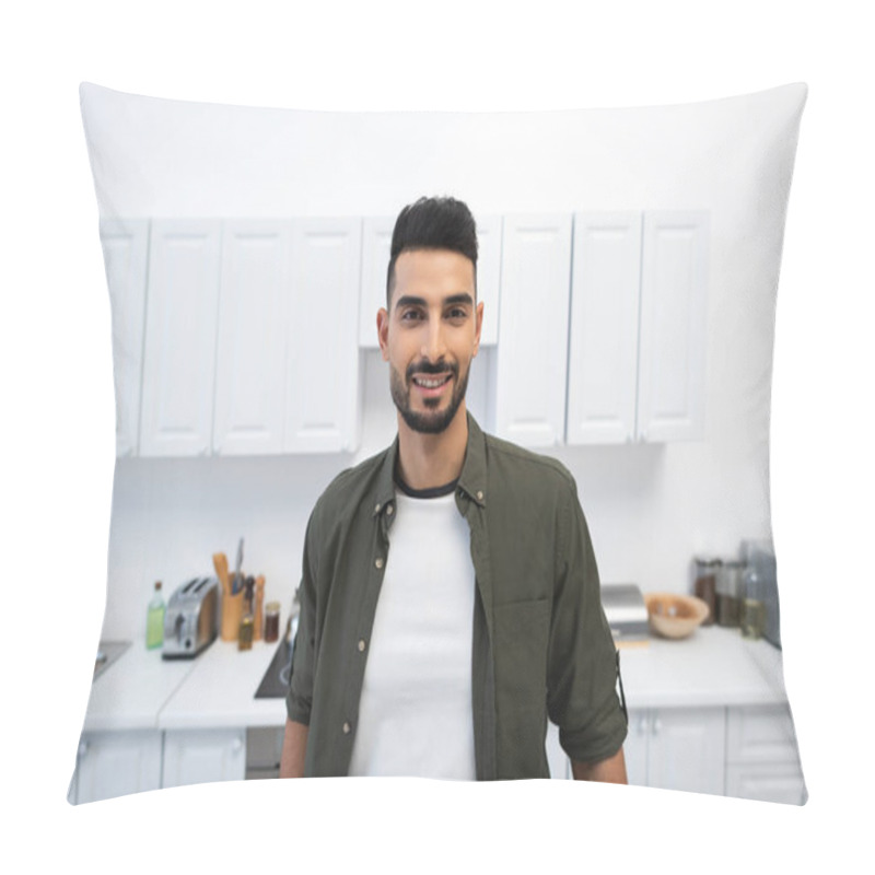 Personality  Smiling Arabian Man Looking At Camera In Kitchen  Pillow Covers