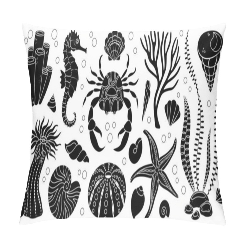 Personality  Hand Drawn Sea Life Silhouette Set. Aquatic Animals, Anemones, Crab, Algae, Shells, Starfish, Coral Reef Plants. Simple Style Black And White Underwater Ecosystem Silhouettes. Vector Illustration Pillow Covers