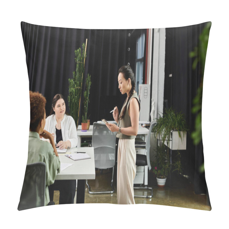 Personality  Three Professional Women Engage In A Dynamic Discussion Around A Conference Table In An Office. Pillow Covers